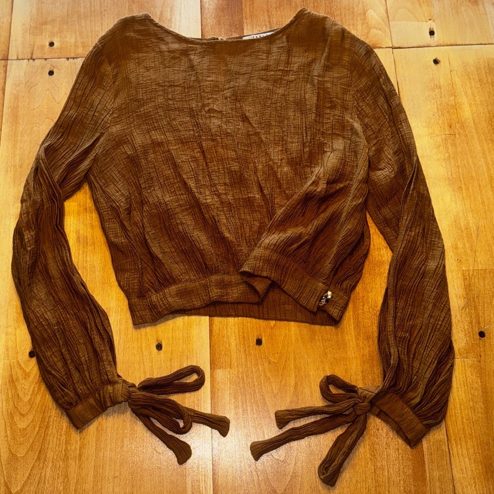 FAVLUX Rich Brown Textured Cropped Blouse with Bow Cuffs